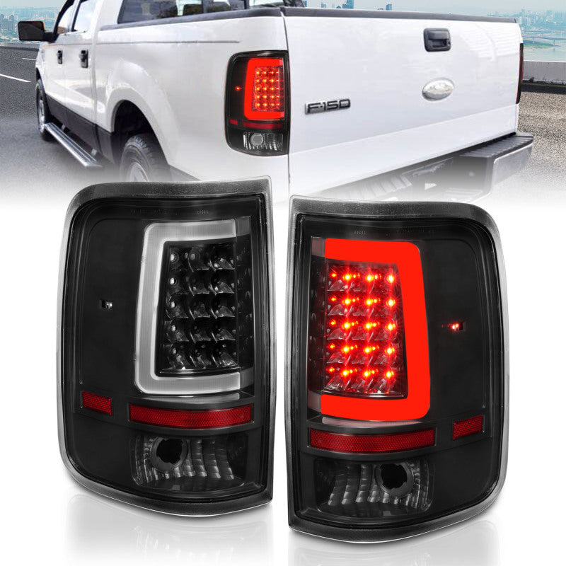 ANZO LED Tail Lights for 2004-2006 Ford F-150 with black housing and light bar design, enhancing vehicle appearance and safety.