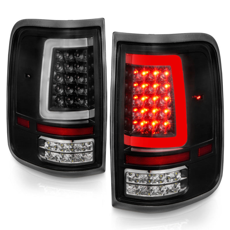 ANZO LED Tail Lights for 2004-2006 Ford F-150 with black housing and light bar design, enhancing vehicle appearance and safety.