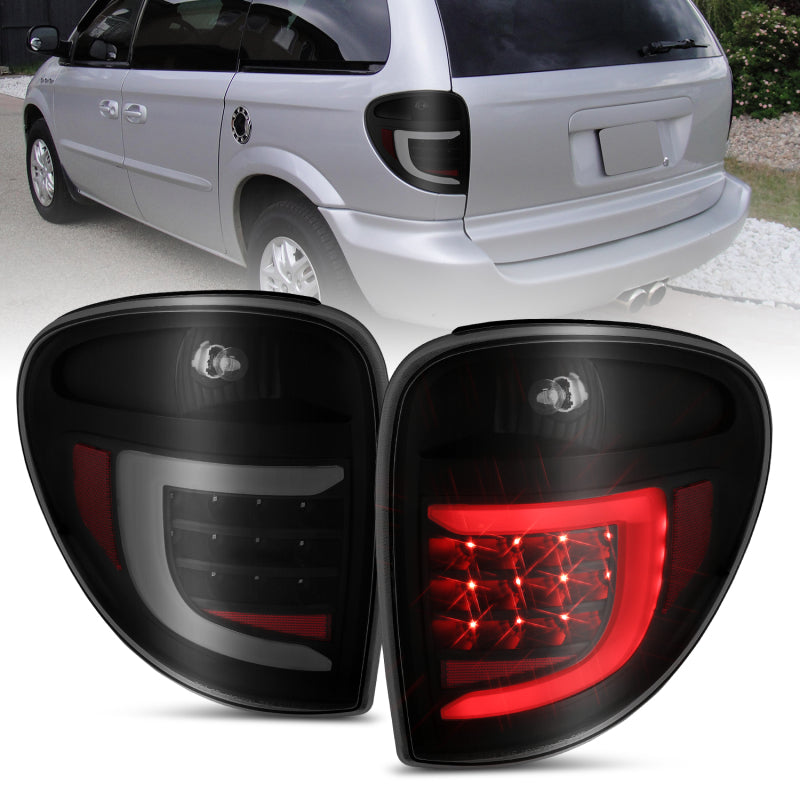 ANZO LED Tail Lights for 2004-2007 Dodge Grand Caravan with black housing and light bar design.