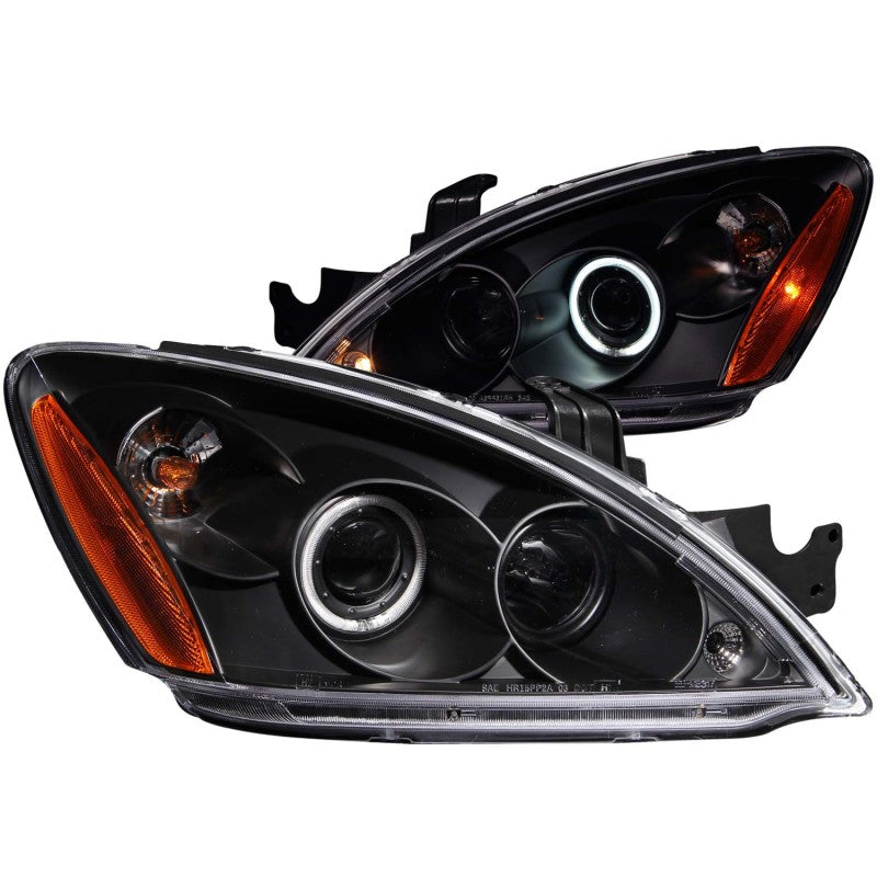 ANZO 2004-2007 Mitsubishi Lancer Projector Headlights with Halo design in black housing, showcasing clear lens and stylish appearance.