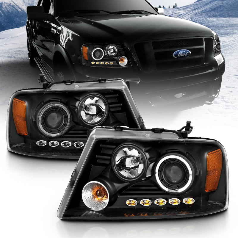 ANZO 2004-2008 Ford F-150 projector headlights with halo and LED lights, featuring a sleek black housing and clear lens design.