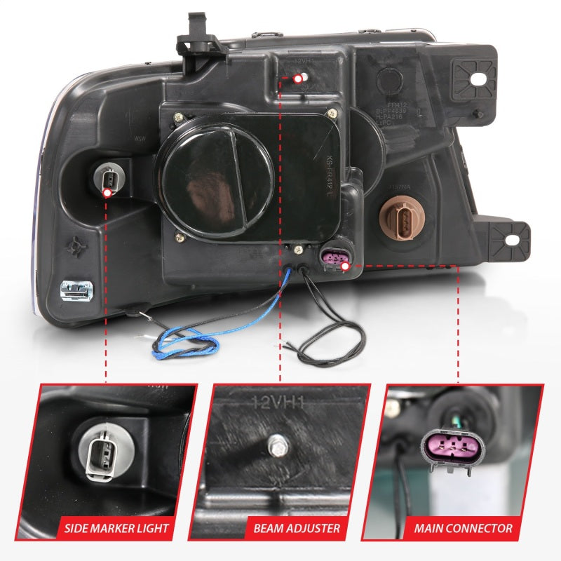 ANZO 2004-2008 Ford F-150 projector headlights with halo and LED lights, featuring a sleek black housing and clear lens design.
