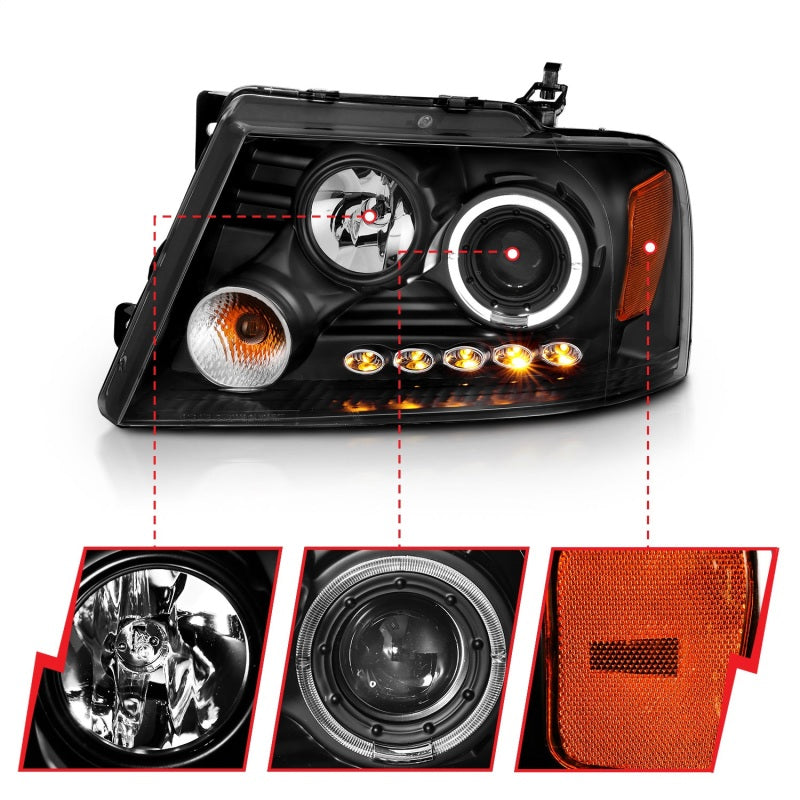 ANZO 2004-2008 Ford F-150 projector headlights with halo and LED lights, featuring a sleek black housing and clear lens design.