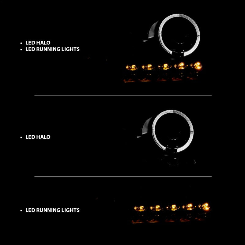 ANZO 2004-2008 Ford F-150 projector headlights with halo and LED lights, featuring a sleek black housing and clear lens design.