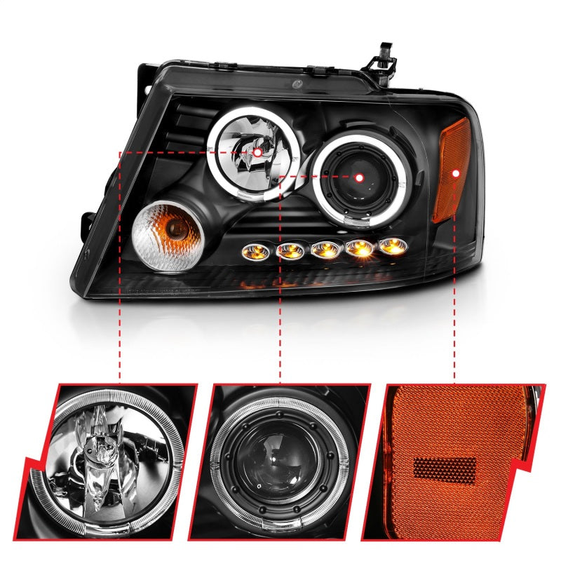 ANZO 2004-2008 Ford F-150 projector headlights featuring halo and LED lights with black housing and clear lens.