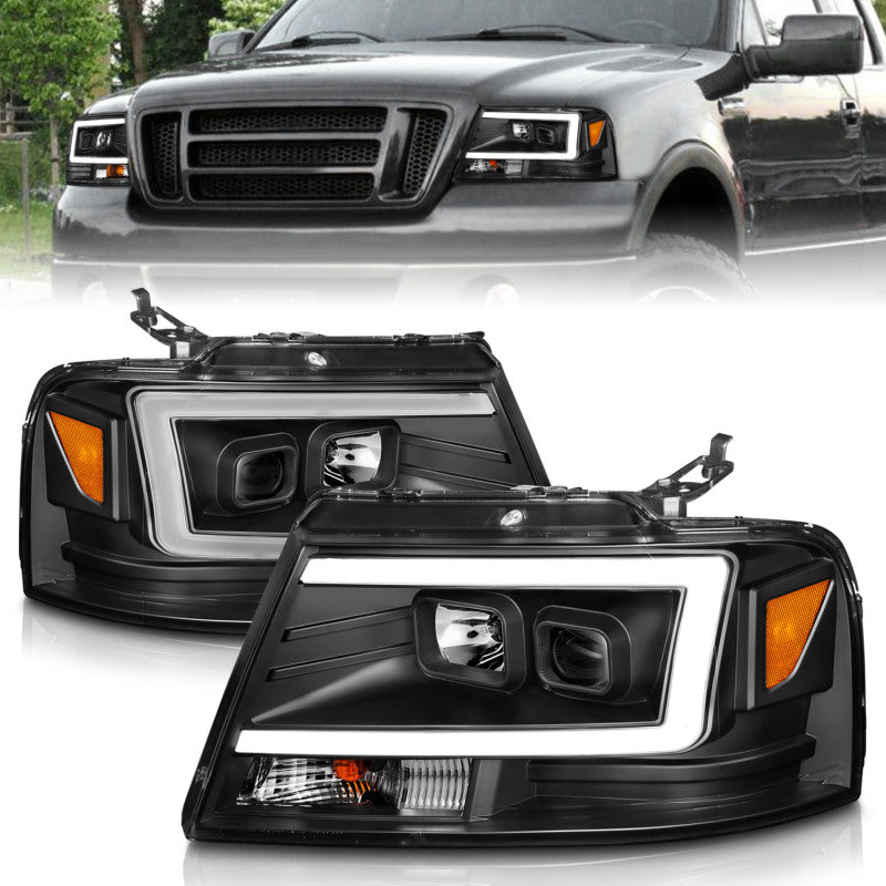 ANZO 2004-2008 Ford F-150 projector headlights with black housing and integrated light bar, showcasing modern design and superior illumination.