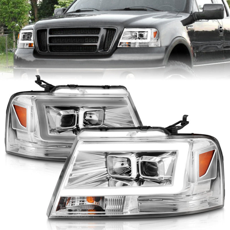 ANZO 2004-2008 Ford F-150 projector headlights with chrome finish and integrated light bar, showcasing modern design and superior illumination.