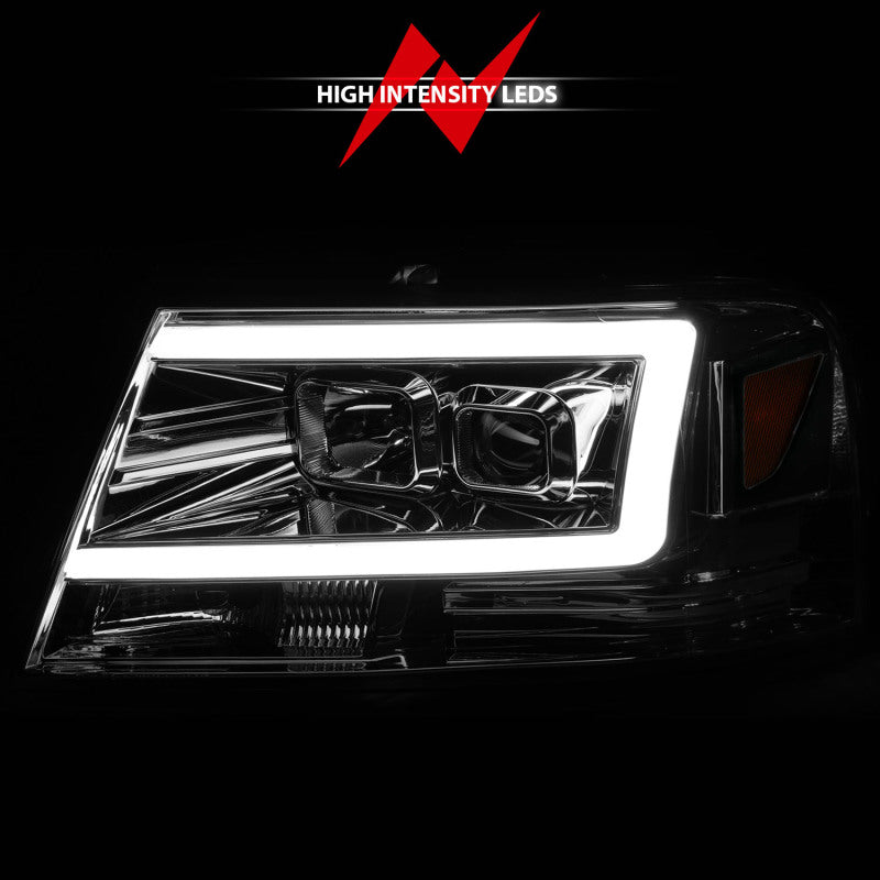 ANZO 2004-2008 Ford F-150 projector headlights with chrome finish and integrated light bar, showcasing modern design and superior illumination.