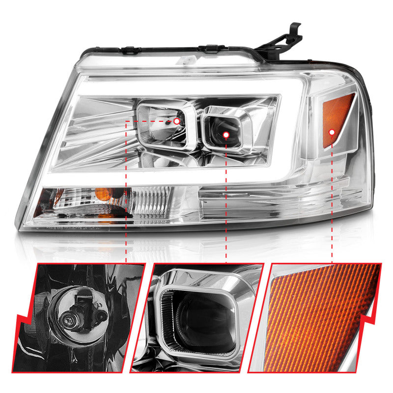 ANZO 2004-2008 Ford F-150 projector headlights with chrome finish and integrated light bar, showcasing modern design and superior illumination.