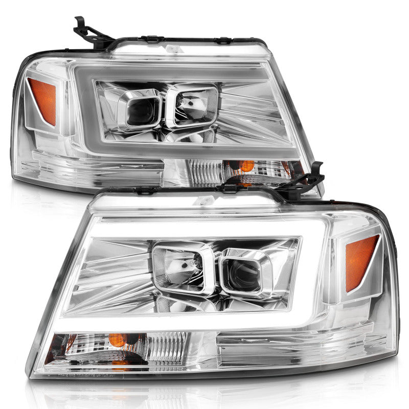 ANZO 2004-2008 Ford F-150 projector headlights with chrome finish and integrated light bar, showcasing modern design and superior illumination.