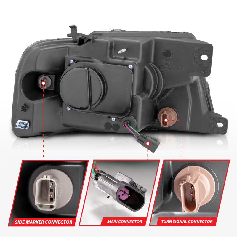 ANZO 2004-2008 Ford F-150 projector headlights with chrome finish and integrated light bar, showcasing modern design and superior illumination.