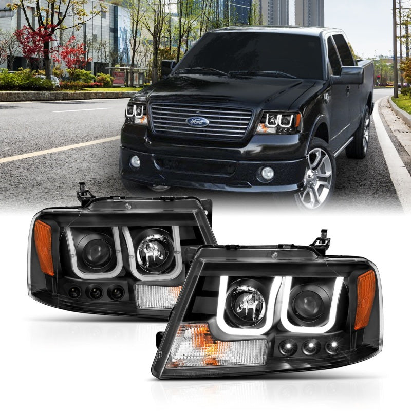 ANZO 2004-2008 Ford F-150 projector headlights with U-Bar black housing, showcasing clear lens and modern design.