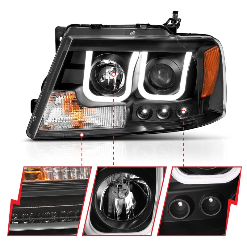 ANZO 2004-2008 Ford F-150 projector headlights with U-Bar black housing, showcasing clear lens and modern design.