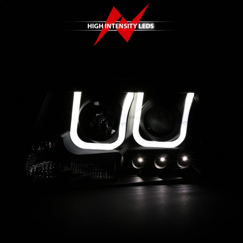 ANZO 2004-2008 Ford F-150 projector headlights with U-Bar black housing, showcasing clear lens and modern design.