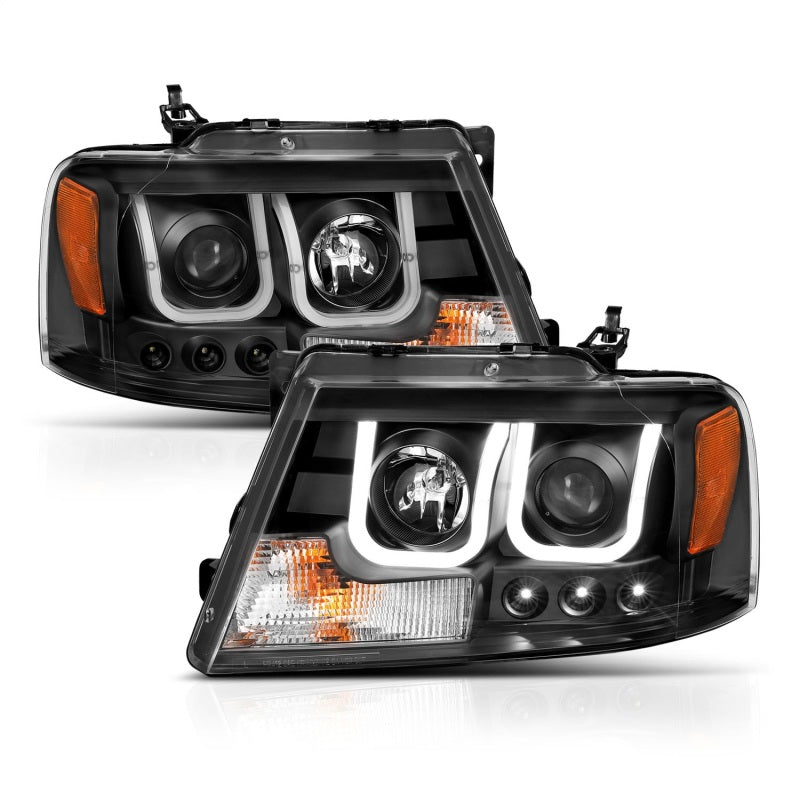 ANZO 2004-2008 Ford F-150 projector headlights with U-Bar black housing, showcasing clear lens and modern design.
