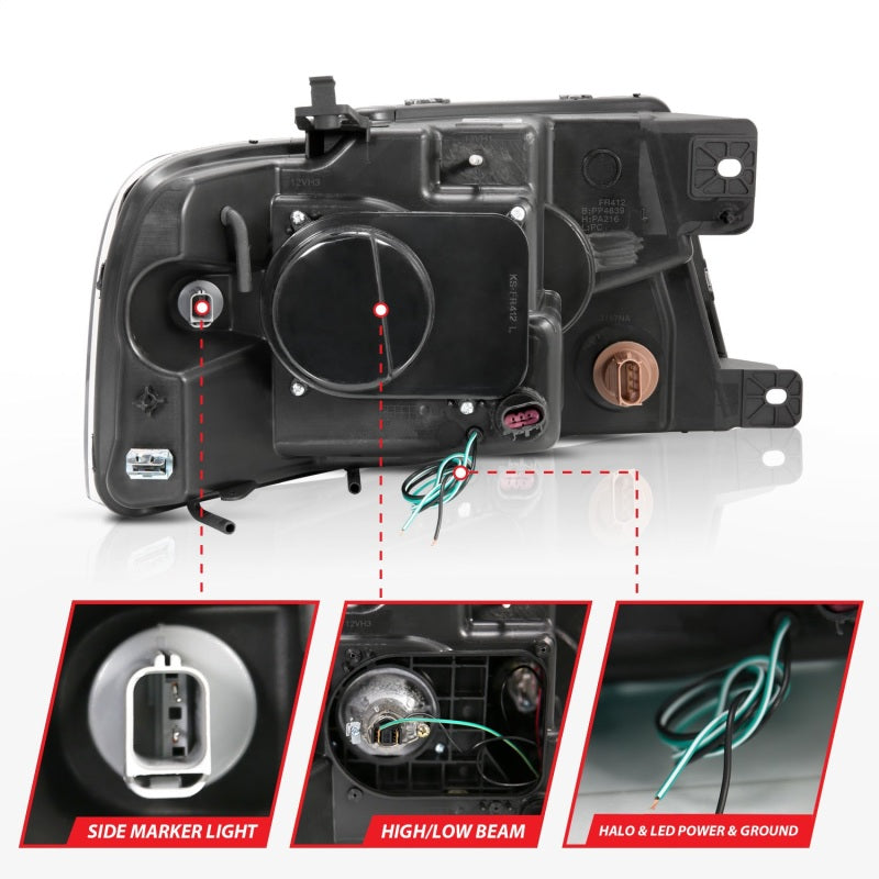 ANZO 2004-2008 Ford F-150 projector headlights with U-Bar black housing, showcasing clear lens and modern design.