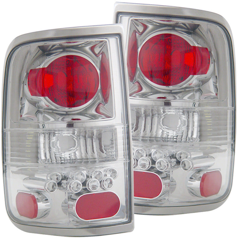 ANZO 2004-2008 Ford F-150 taillights with chrome housing and clear lens, showcasing modern design and enhanced visibility.