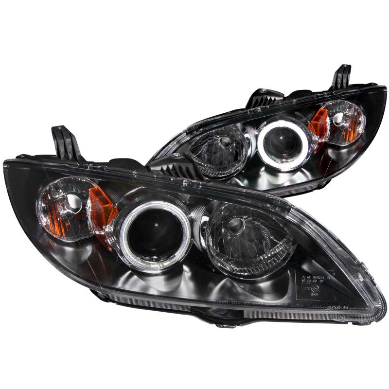 ANZO 2004-2008 Mazda 3 Projector Headlights with Halo Black design, featuring clear lens and black housing.