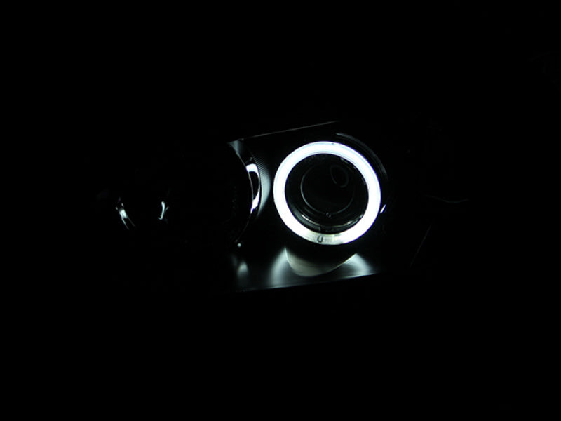 ANZO 2004-2008 Mazda 3 Projector Headlights with Halo Black design, featuring clear lens and black housing.
