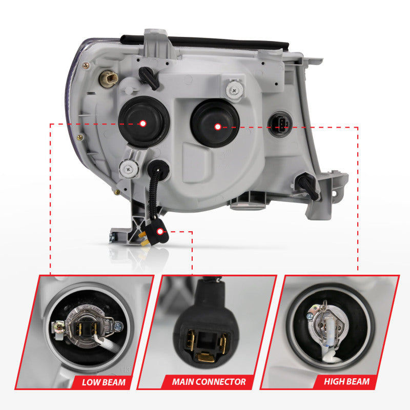 ANZO 2005-2011 Toyota Tacoma Projector Headlights with Halo in black housing, showcasing clear lens and stylish design.