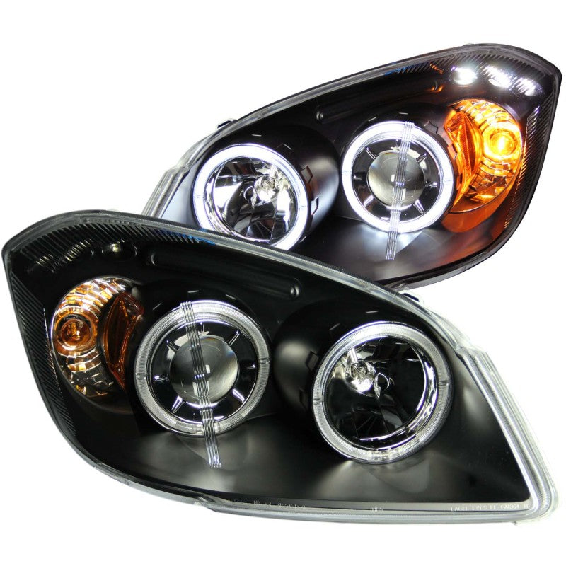 ANZO 2005-2010 Chevrolet Cobalt projector headlights with halo and LED, featuring clear lens and black housing for enhanced style and visibility.