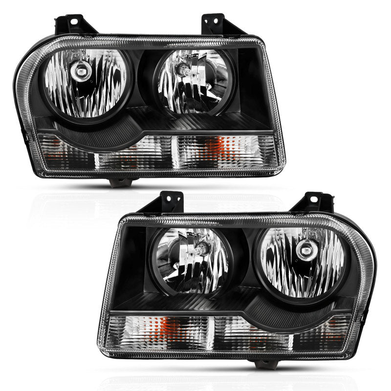 ANZO 2005-2010 Chrysler 300 Crystal Headlight Set with clear lens and black housing, showcasing modern automotive design.