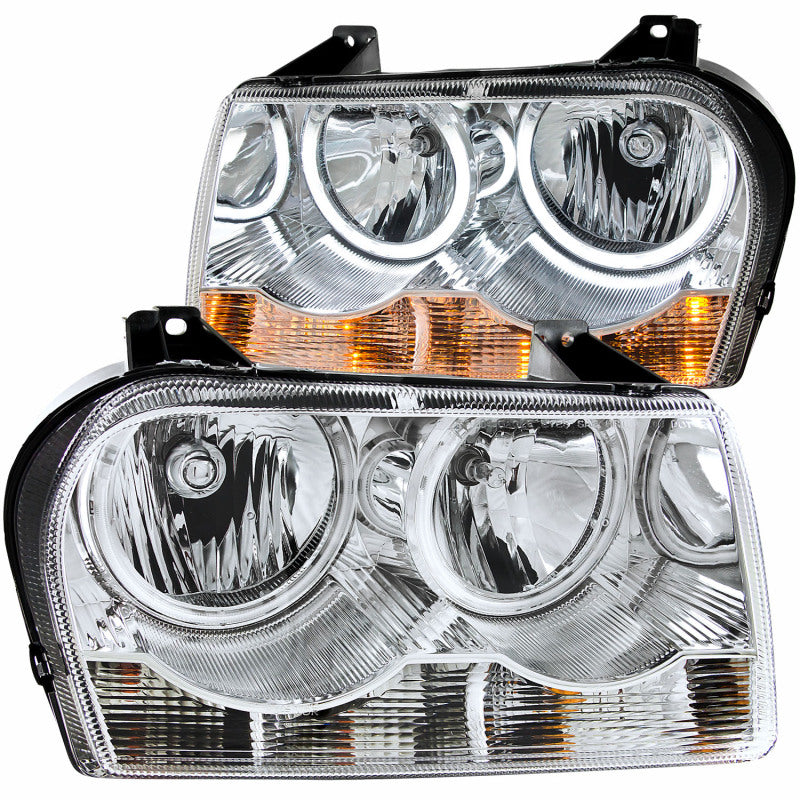 ANZO Crystal Headlights for Chrysler 300 with Halo Chrome, featuring clear lens and chrome housing, designed for 2005-2010 models.