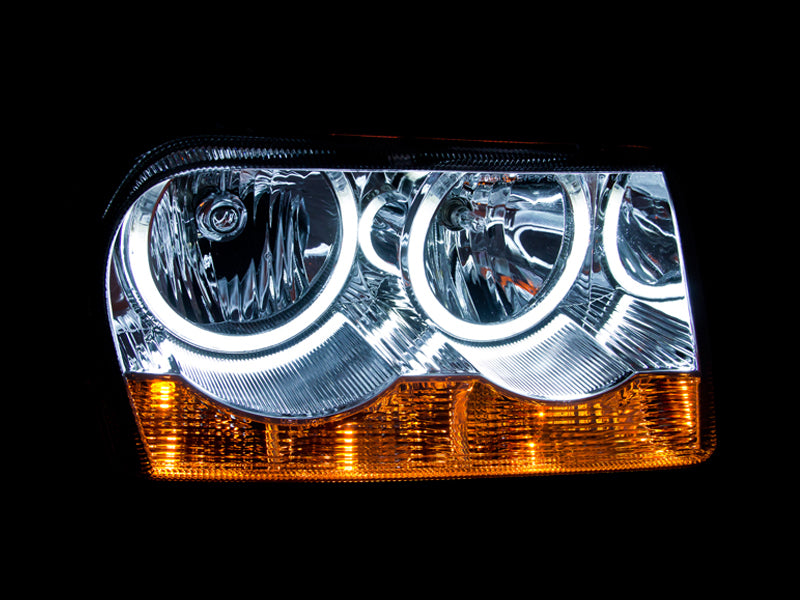 ANZO Crystal Headlights for Chrysler 300 with Halo Chrome, featuring clear lens and chrome housing, designed for 2005-2010 models.