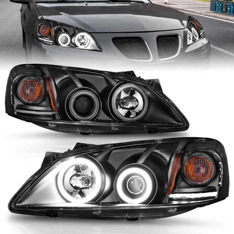 ANZO 2005-2010 Pontiac G6 Projector Headlights with Halo Black design, featuring clear lens and black housing.