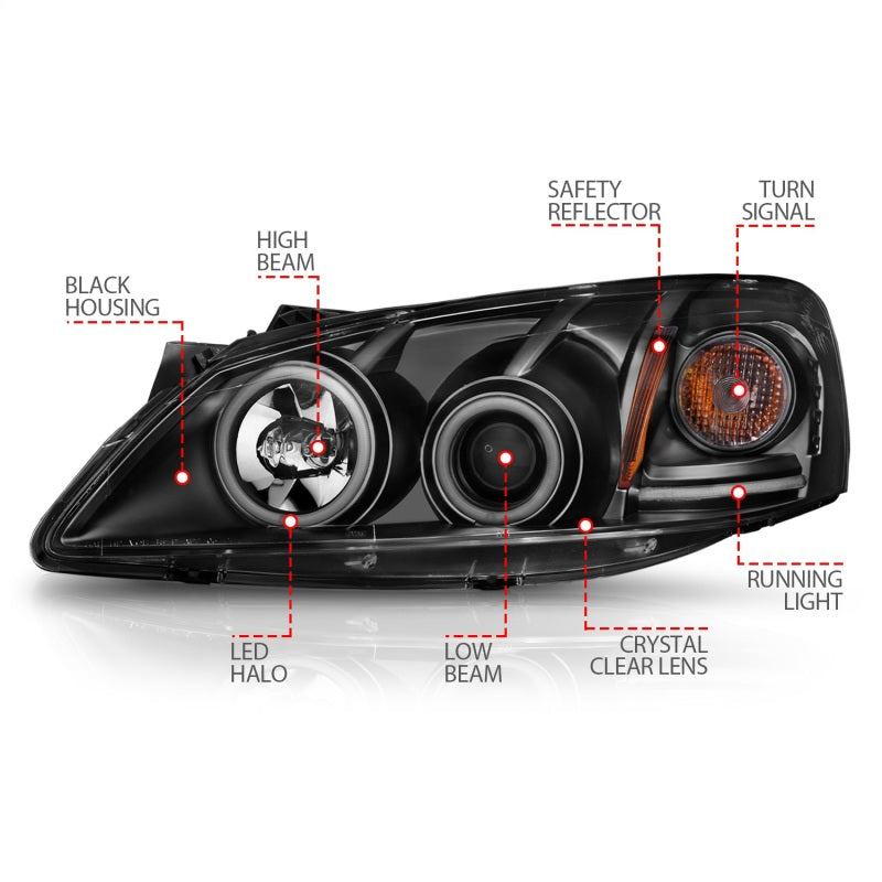 ANZO 2005-2010 Pontiac G6 Projector Headlights with Halo Black design, featuring clear lens and black housing.