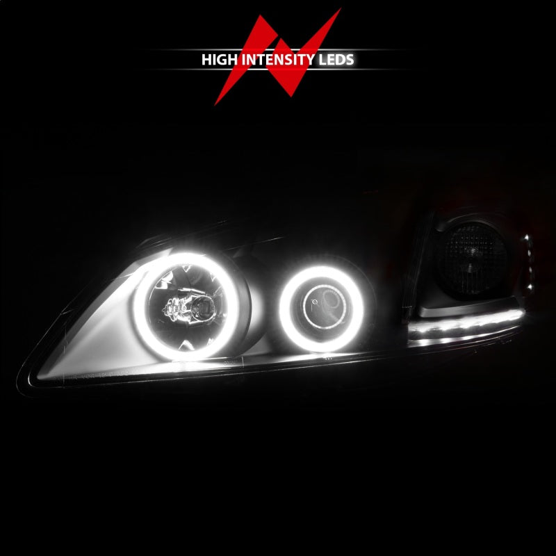 ANZO 2005-2010 Pontiac G6 Projector Headlights with Halo Black design, featuring clear lens and black housing.