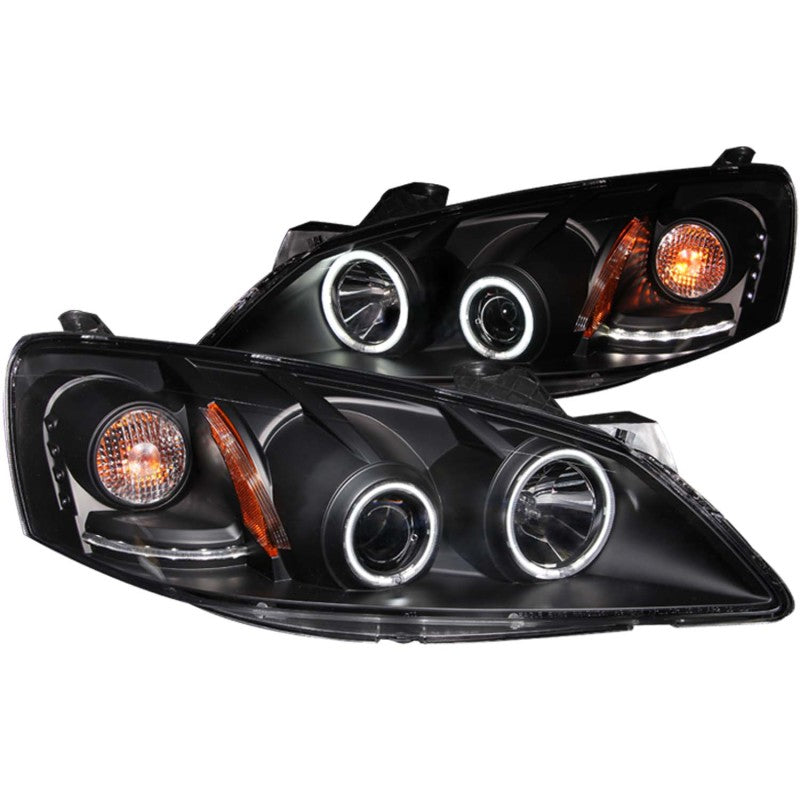 ANZO 2005-2010 Pontiac G6 Projector Headlights with Halo Black design, featuring clear lens and black housing.