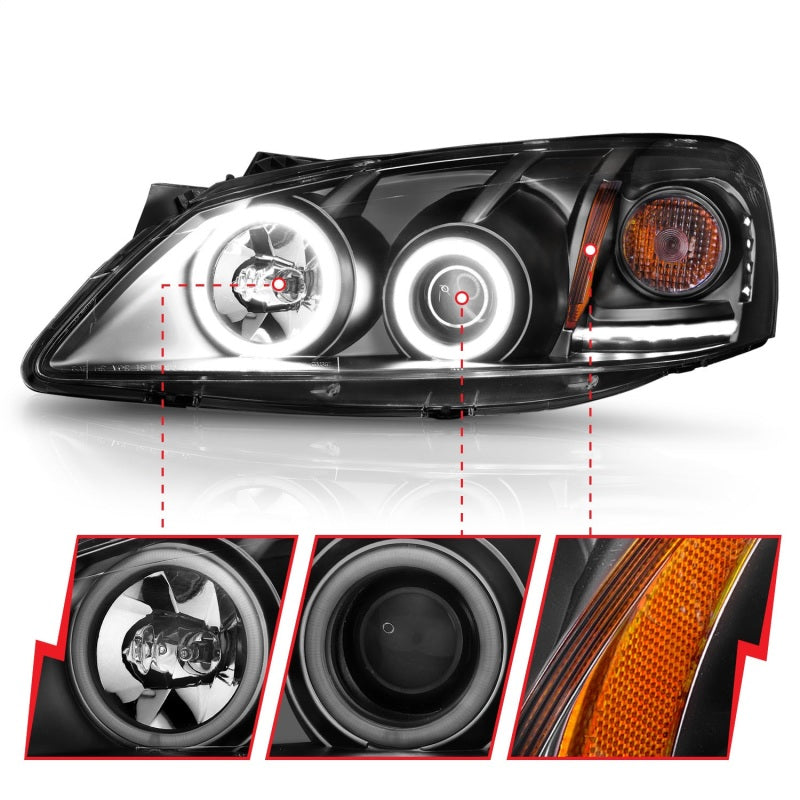 ANZO 2005-2010 Pontiac G6 Projector Headlights with Halo Black design, featuring clear lens and black housing.