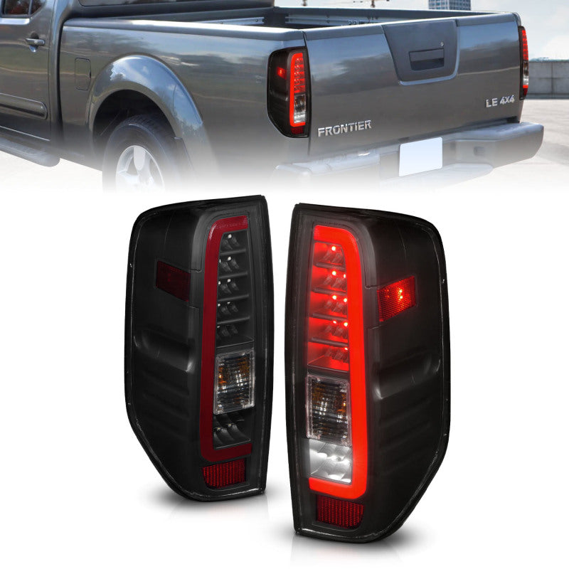 ANZO 2005-2021 Nissan Frontier LED Taillights with black housing and smoke lens, showcasing modern design and enhanced visibility.