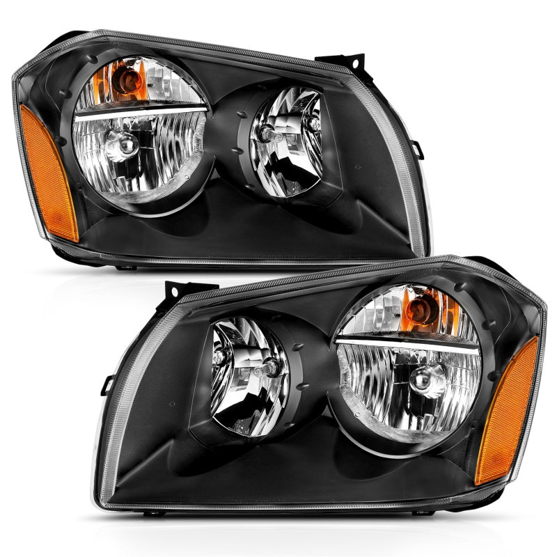 ANZO Crystal Headlight for 2005-2007 Dodge Magnum in black amber finish, showcasing its sleek design and superior lighting capabilities.