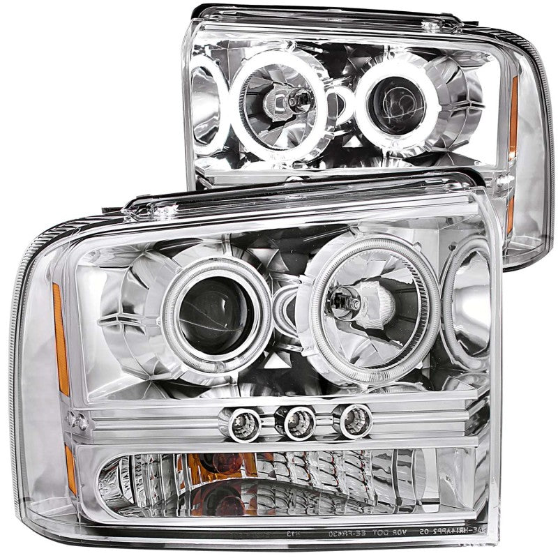 ANZO 2005-2007 Ford Excursion Projector Headlights with Halo Chrome, showcasing clear lens and chrome housing.