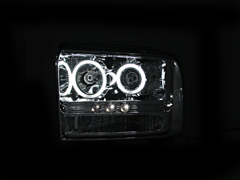 ANZO 2005-2007 Ford Excursion Projector Headlights with Halo Chrome, showcasing clear lens and chrome housing.