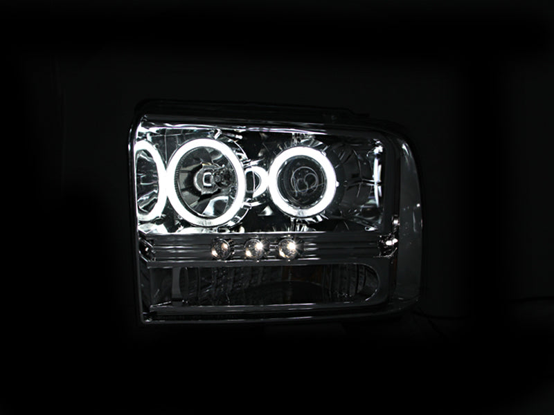 ANZO 2005-2007 Ford Excursion Projector Headlights with Halo Chrome, showcasing clear lens and chrome housing.