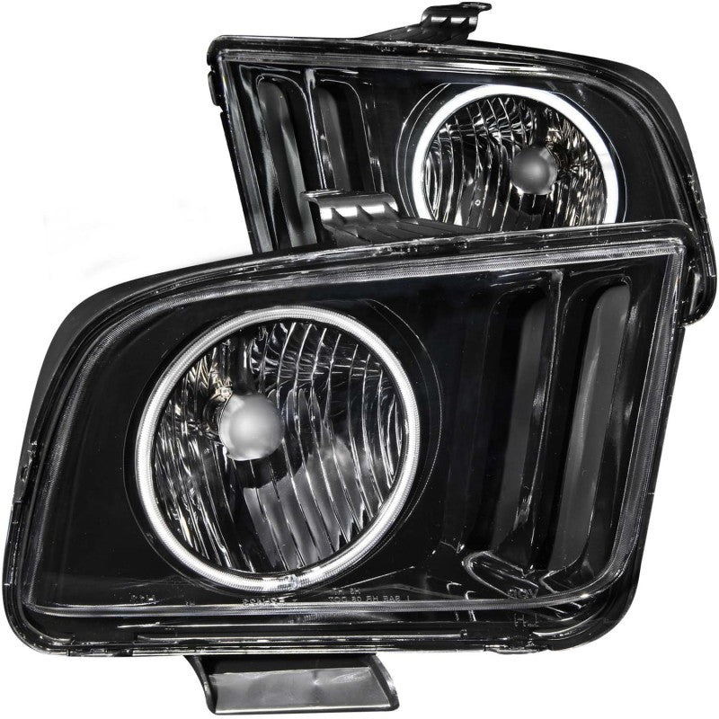 ANZO 2005-2009 Ford Mustang Crystal Headlights with Halo Black, showcasing clear lens and sleek black housing.