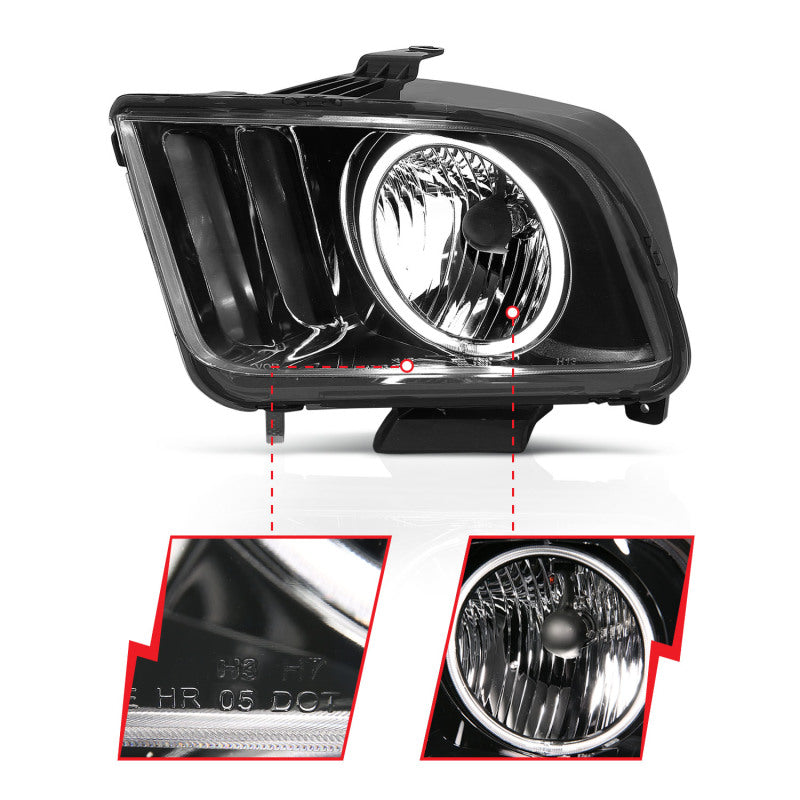 ANZO 2005-2009 Ford Mustang Crystal Headlights with Halo Black, showcasing clear lens and sleek black housing.