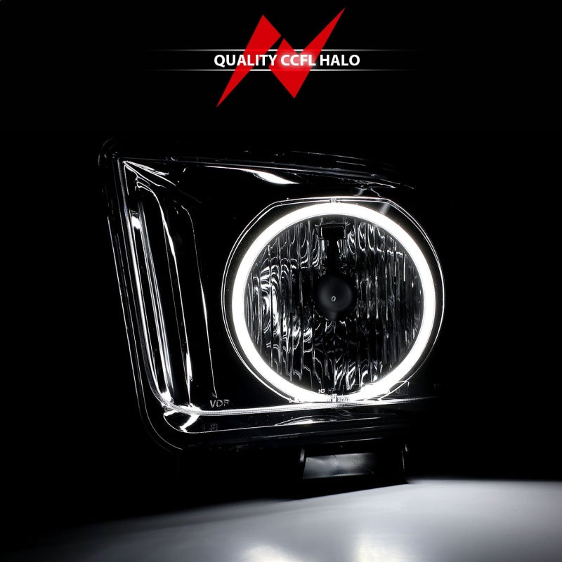 ANZO 2005-2009 Ford Mustang Crystal Headlights with Halo Black, showcasing clear lens and sleek black housing.