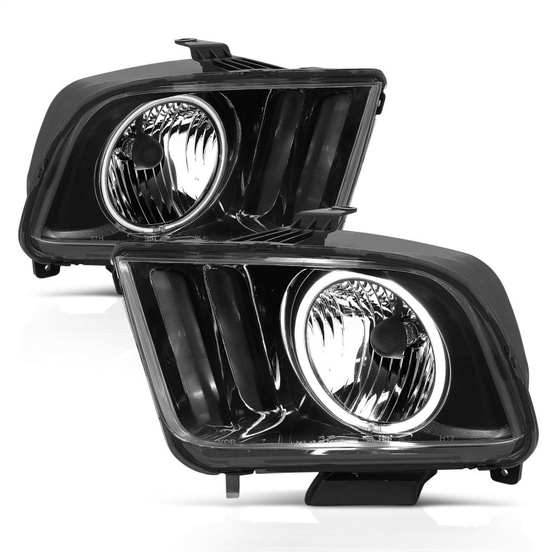 ANZO 2005-2009 Ford Mustang Crystal Headlights with Halo Black, showcasing clear lens and sleek black housing.
