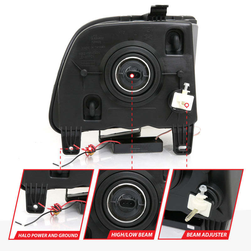 ANZO 2005-2009 Ford Mustang Crystal Headlights with Halo Black, showcasing clear lens and sleek black housing.