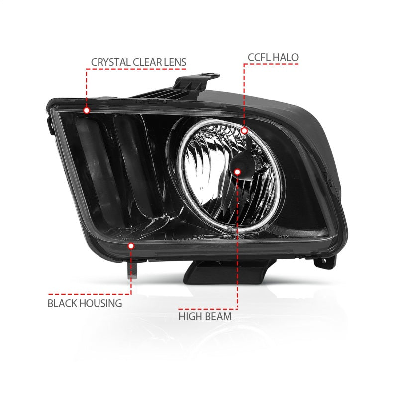 ANZO 2005-2009 Ford Mustang Crystal Headlights with Halo Black, showcasing clear lens and sleek black housing.