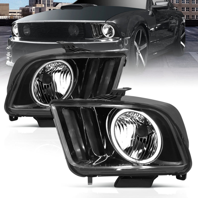 ANZO 2005-2009 Ford Mustang Crystal Headlights with Halo Black, showcasing clear lens and sleek black housing.
