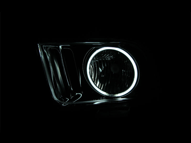 ANZO 2005-2009 Ford Mustang Crystal Headlights with Halo Black, showcasing clear lens and sleek black housing.