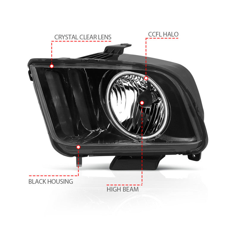 ANZO 2005-2009 Ford Mustang Crystal Headlights with Halo Black, showcasing clear lens and sleek black housing.