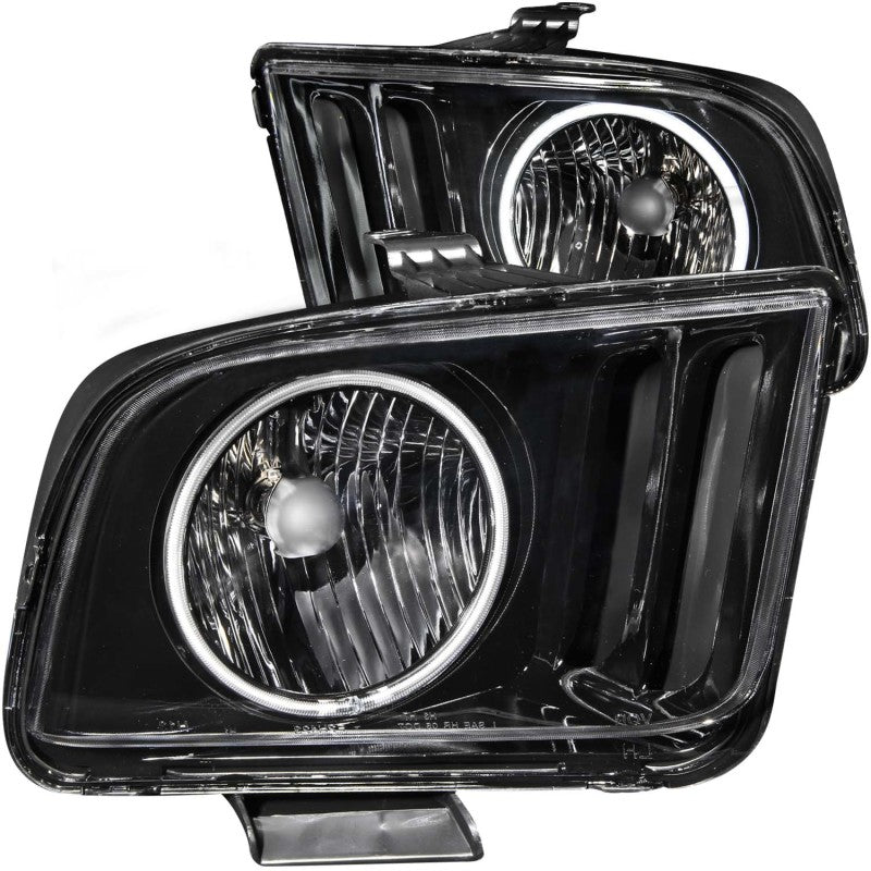 ANZO 2005-2009 Ford Mustang Crystal Headlights with Halo Black, showcasing clear lens and sleek black housing.
