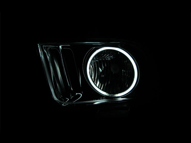 ANZO 2005-2009 Ford Mustang Crystal Headlights with Halo Black, showcasing clear lens and sleek black housing.