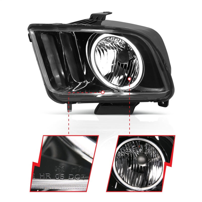 ANZO 2005-2009 Ford Mustang Crystal Headlights with Halo Black, showcasing clear lens and sleek black housing.